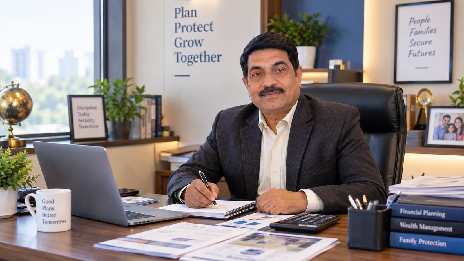 Atul Rana reviewing LIC policy information at his desk